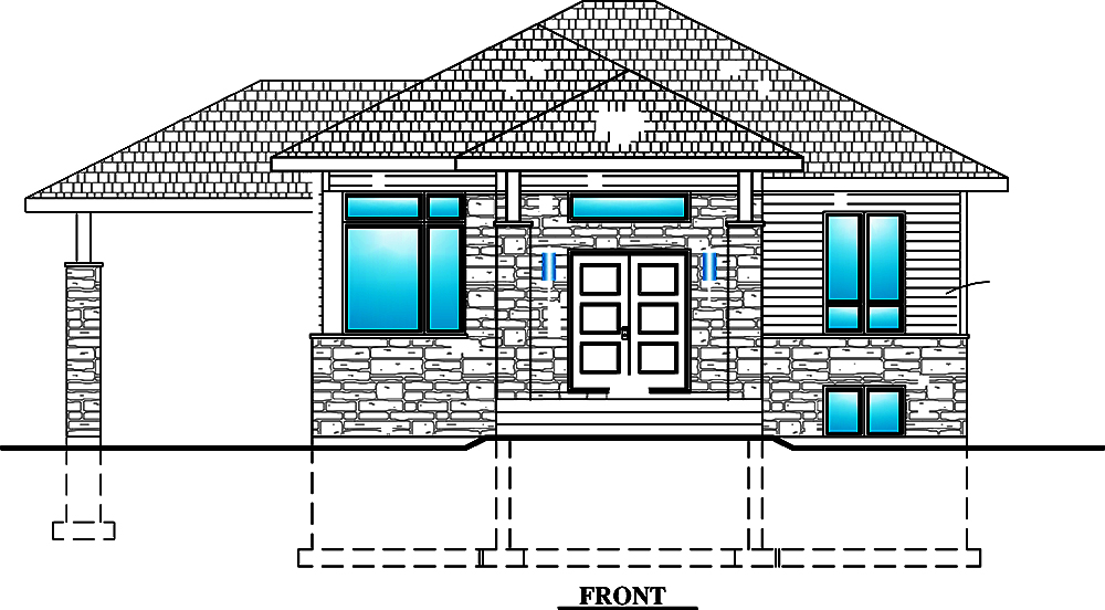 Home Plan Front Elevation of this 2-Bedroom,938 Sq Ft Plan -158-1299