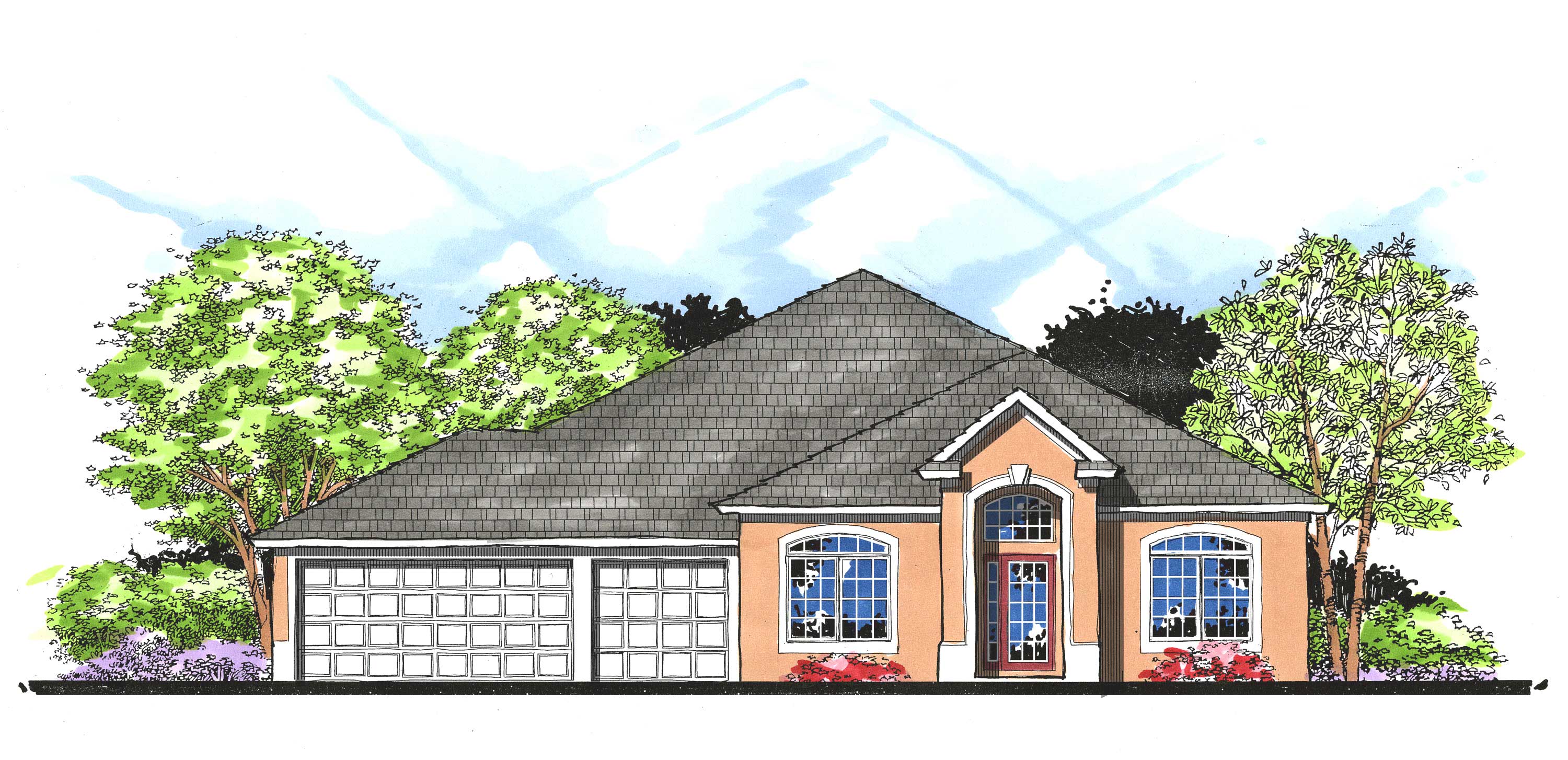 This is the front elevation for these Mediterranean Home Plans.