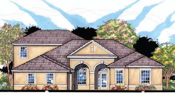 This is the front elevation for these Mediterranean House Plans.