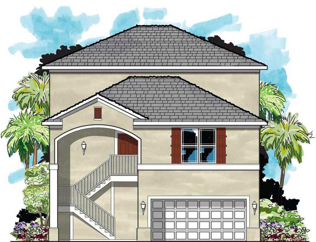 This is the front elevation for these Mediterranean Home Plans.
