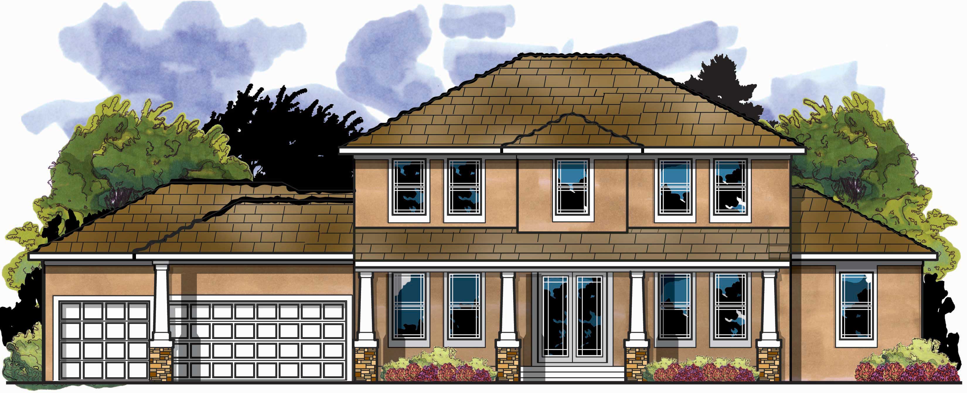 This is the front elevation for these Prairie House Plans.
