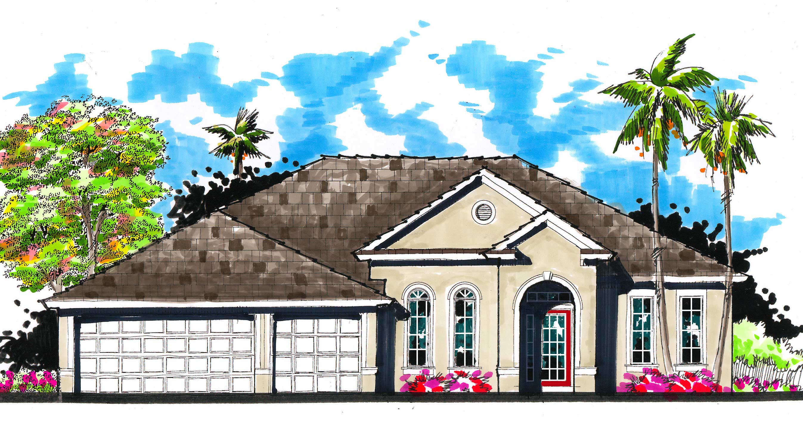 This is the front elevation for these Traditional House Plans.