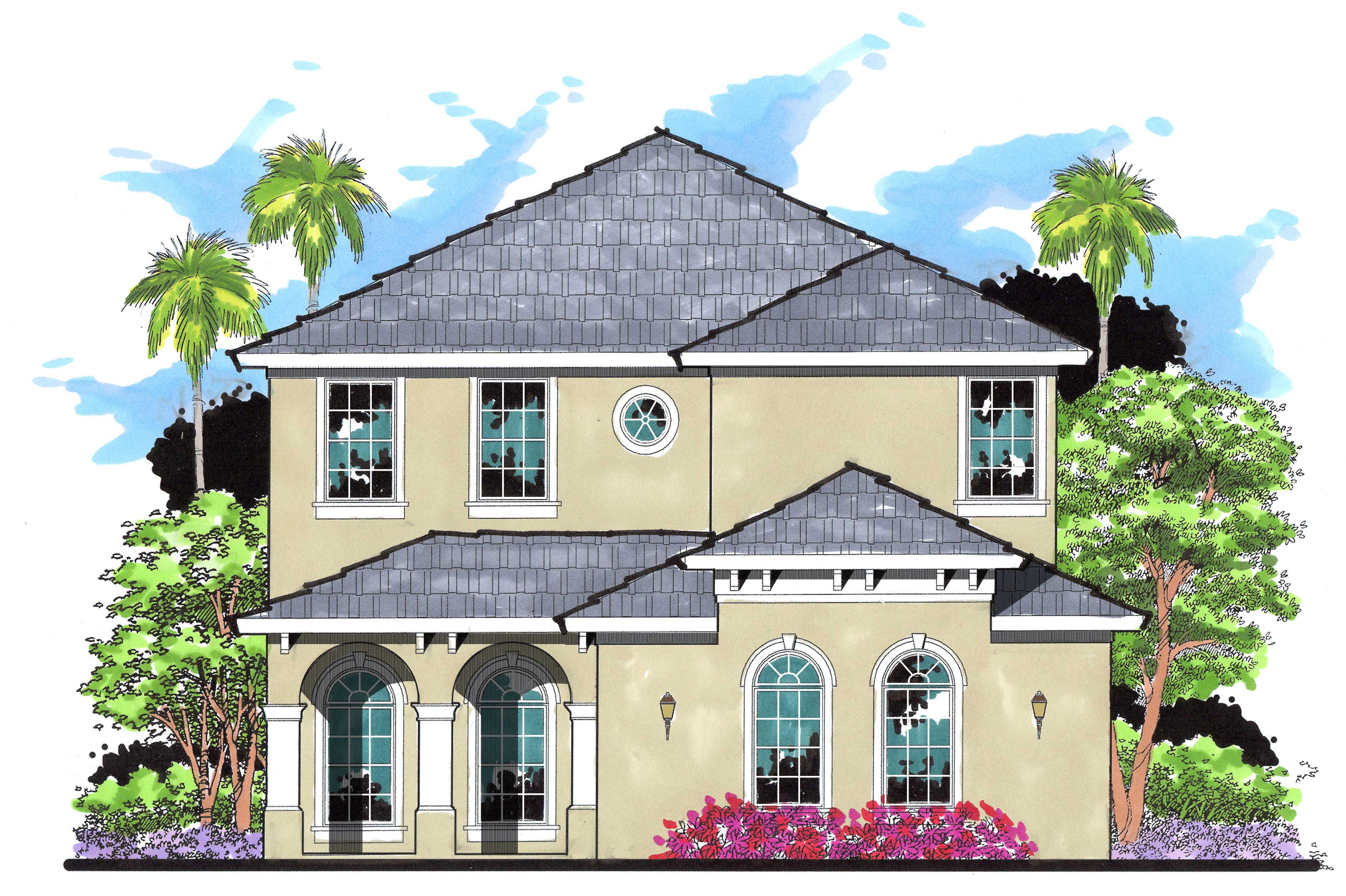 This is the front elevation for these Mediterranean Home Plans.