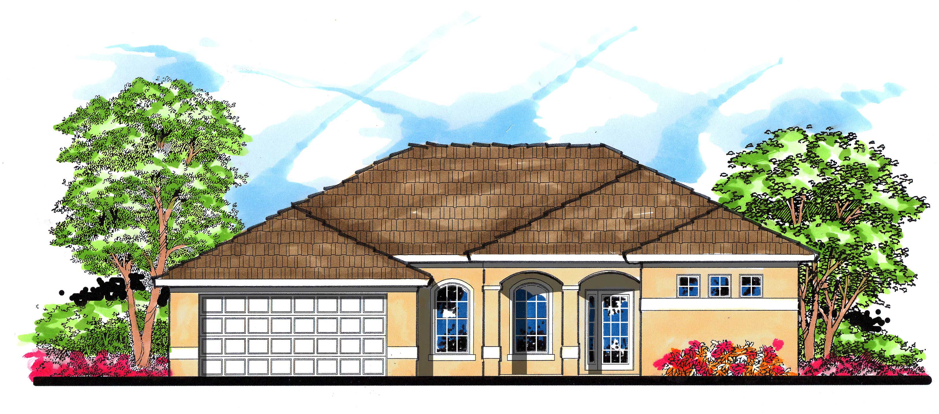 This is the front elevation for these Mediterranean Home Plans.