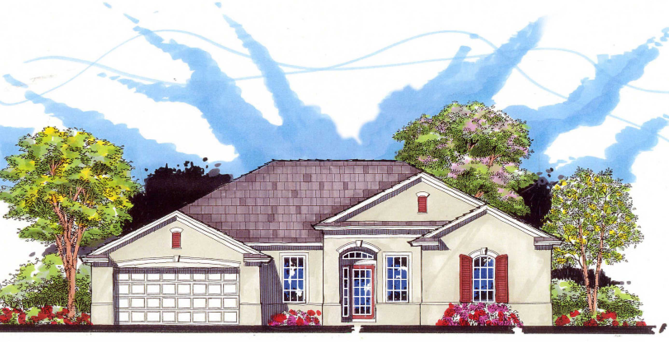 This is the front elevation for these Traditional Home Plans.