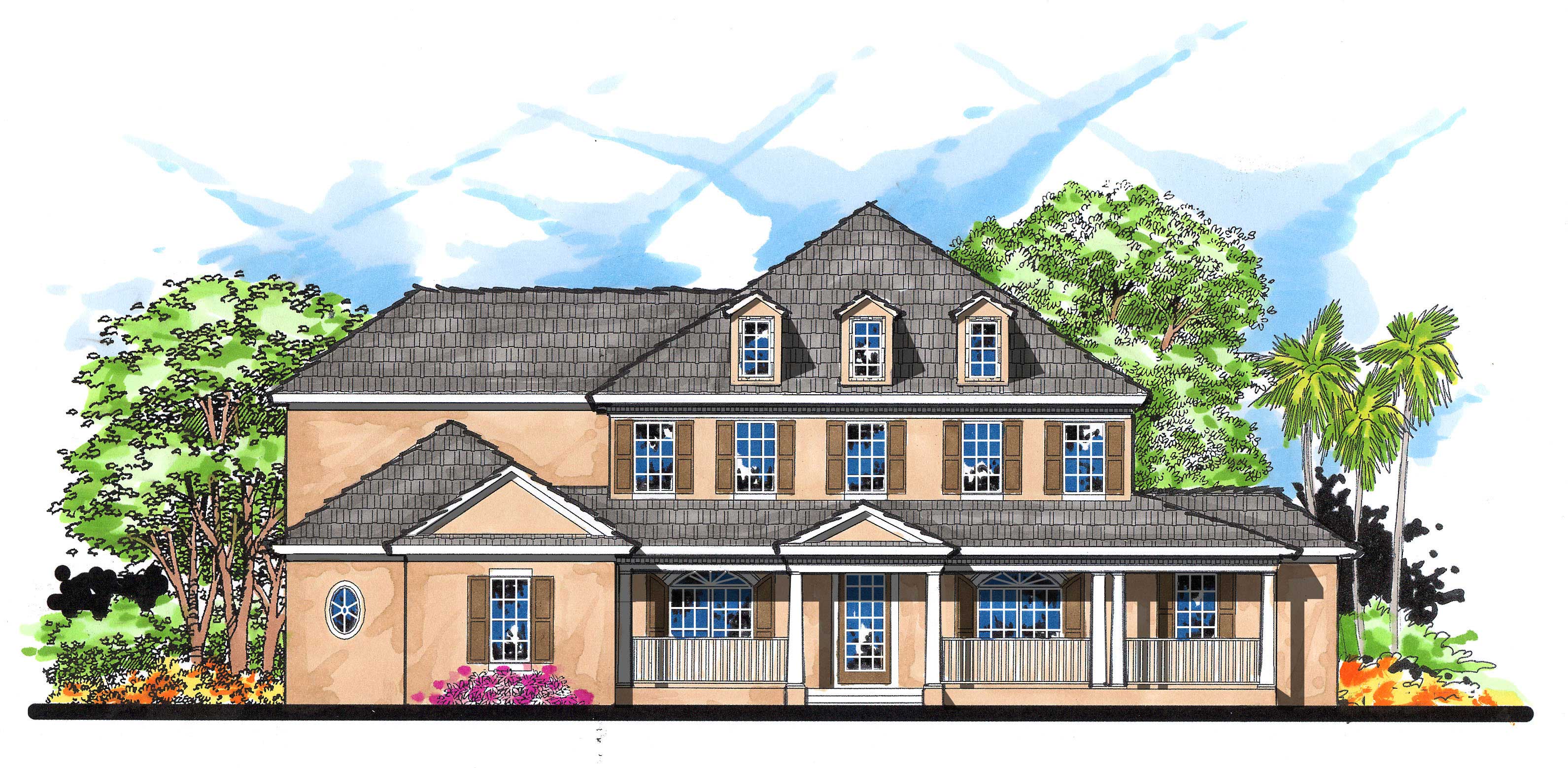 This is the front elevation for these Colonial Home Plans.