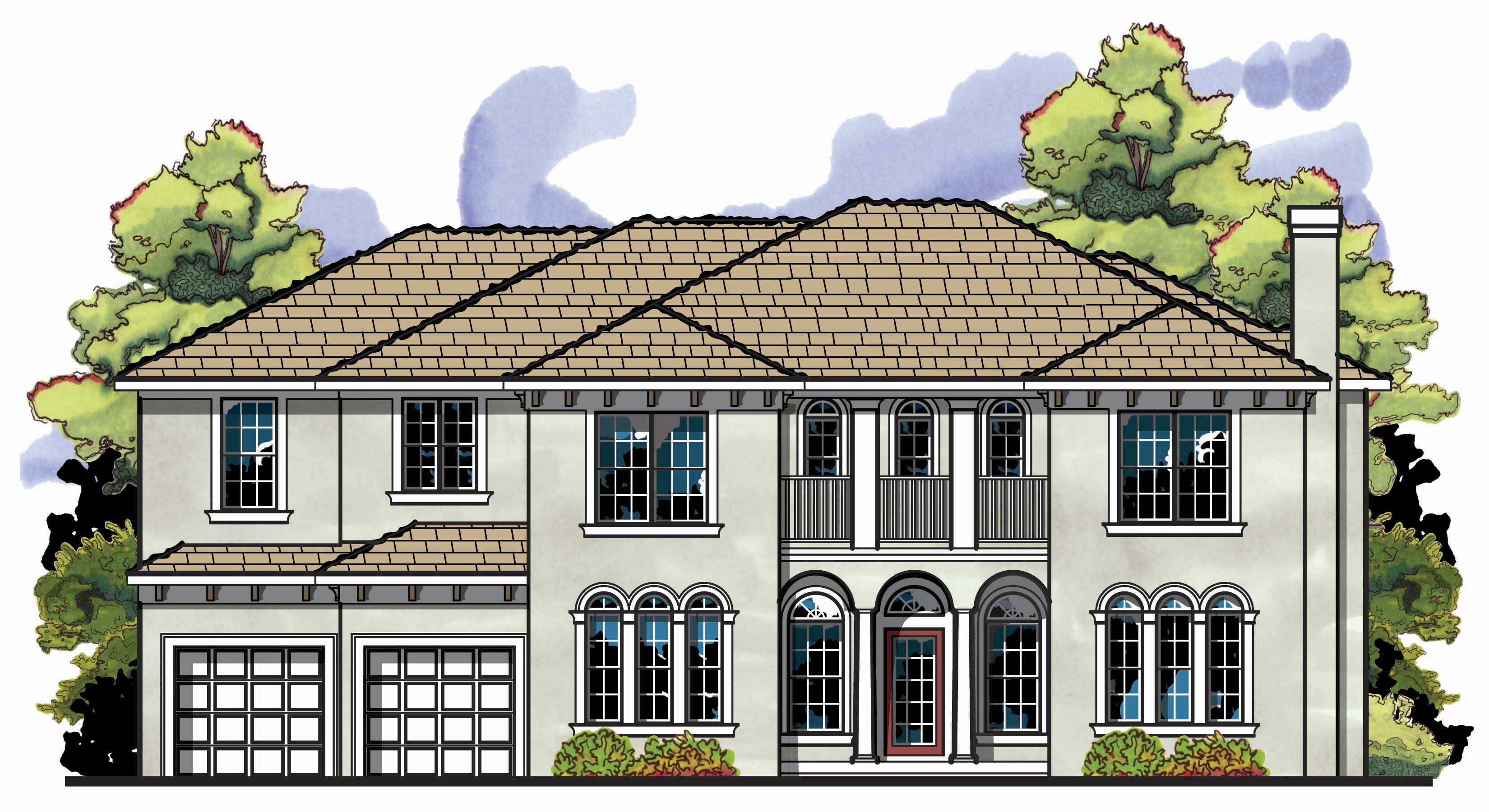This is the front elevation for these French Home Plans.