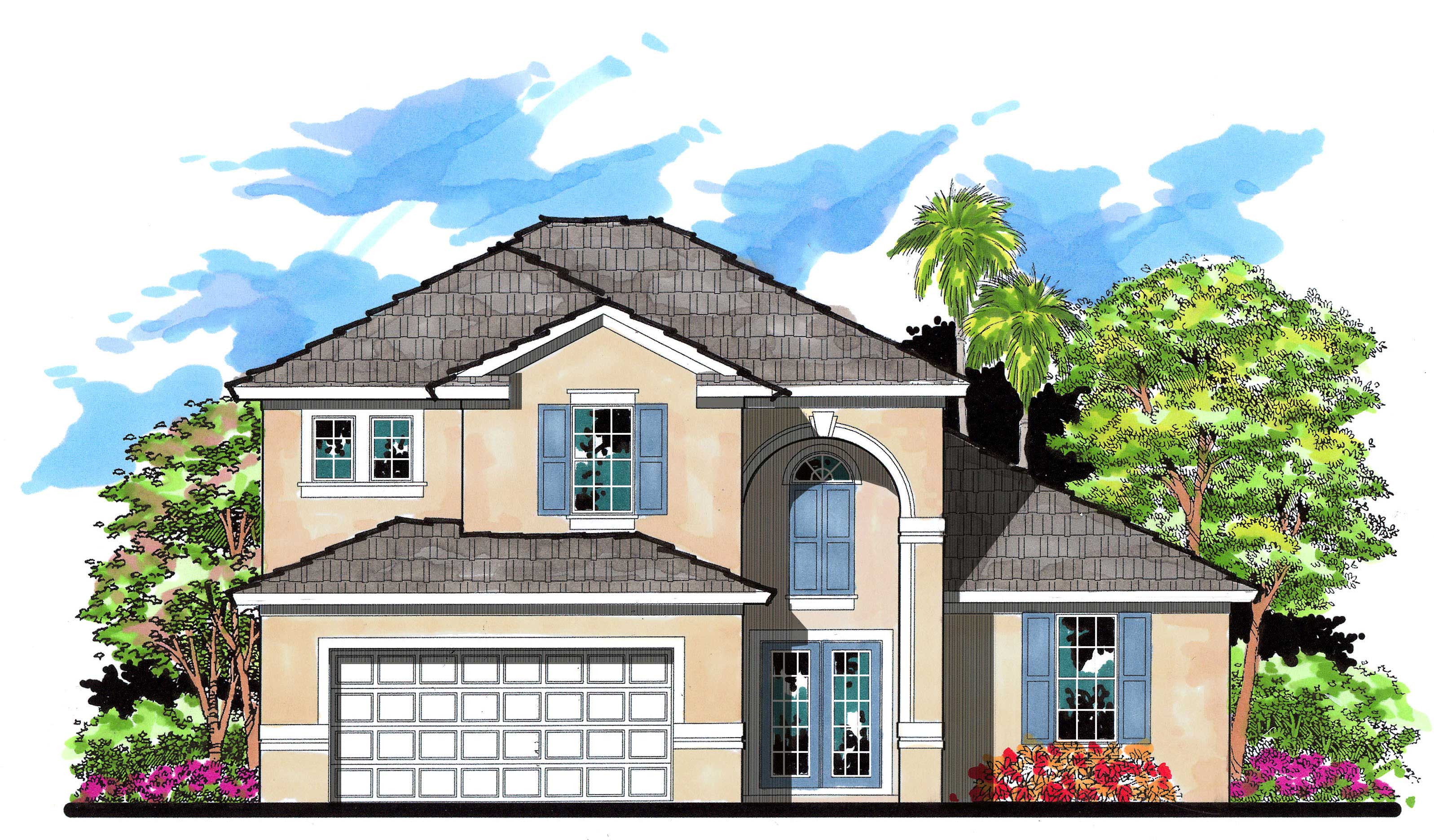 This is the front elevation for these Mediterranean House Plans.