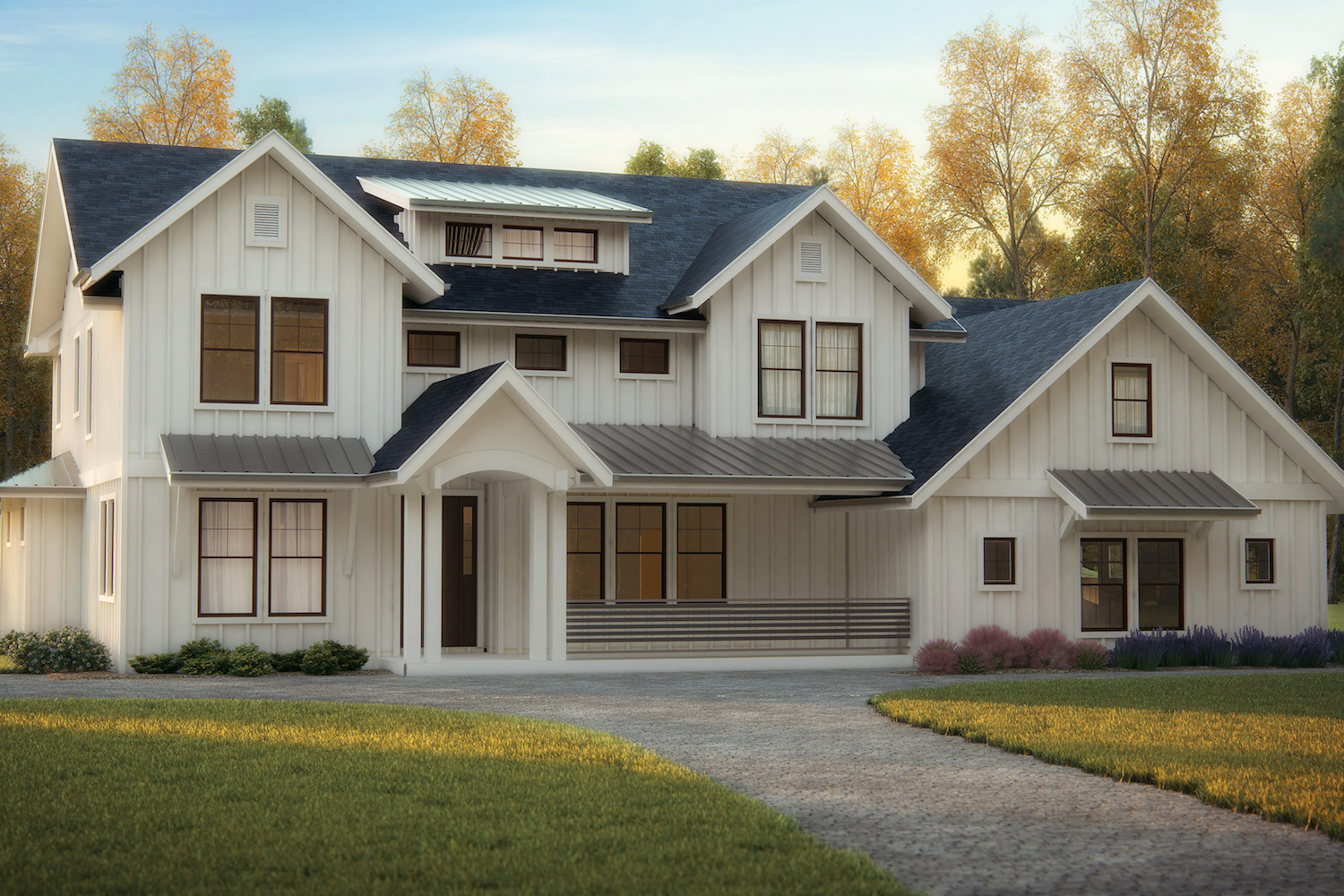 Color rendering of Transitional home design (ThePlanCollection: House Plan #161-1086)