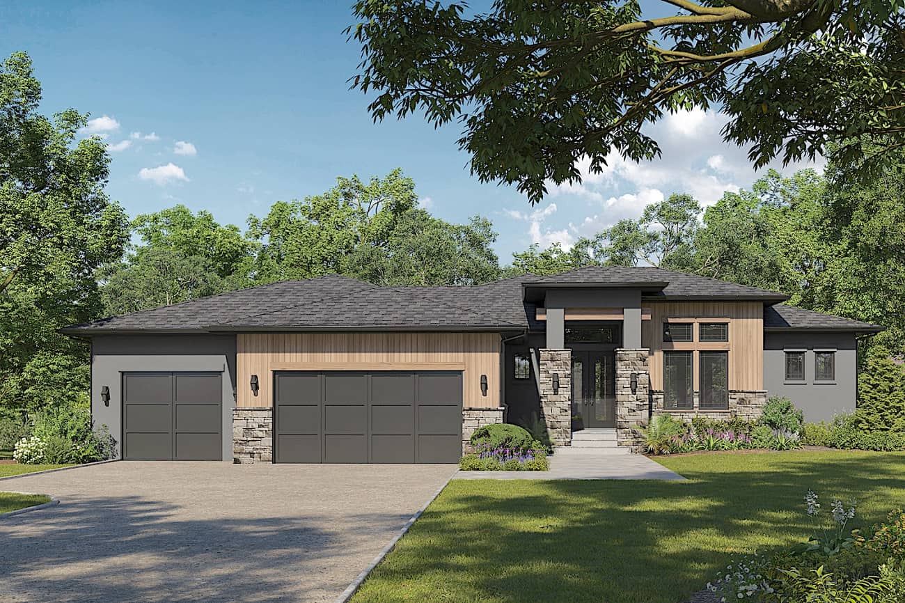 Front elevation of Prairie home (ThePlanCollection: House Plan #161-1172)