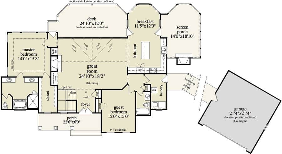 Floor Plan Main Level of Country Plan #163-1048