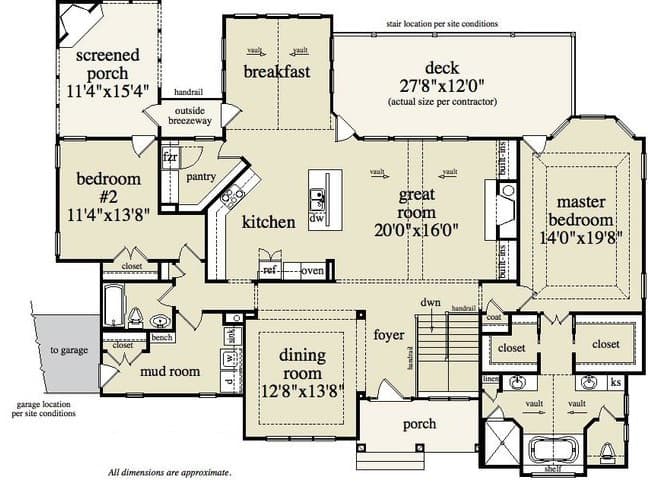 Floor Plan Main Level of Country Plan #163-1052