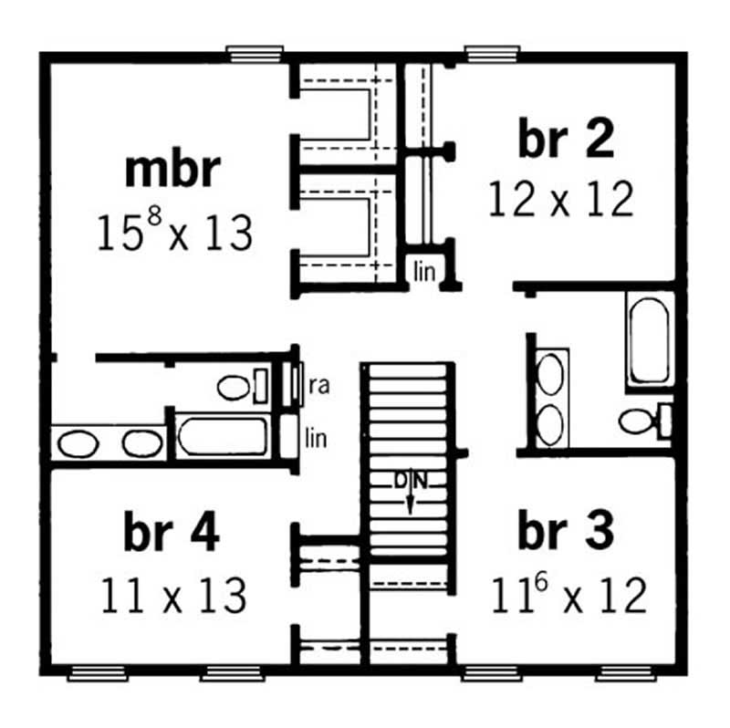 Floor Plan Second Story of Colonial Plan #164-1000