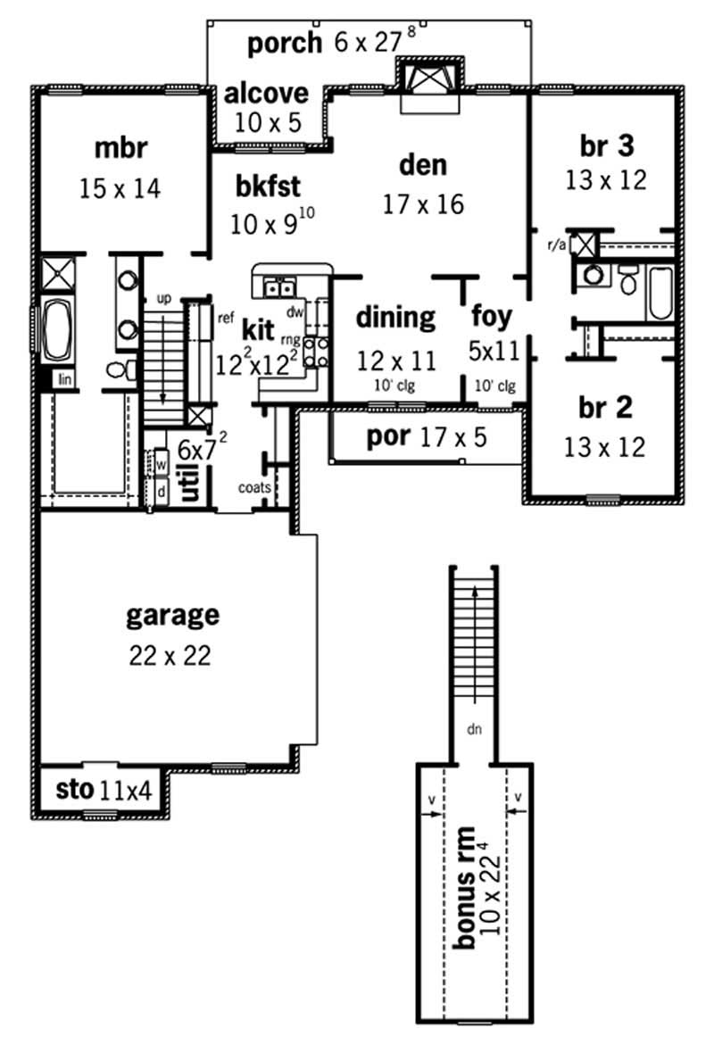 Floor Plan First Story of Ranch Plan #164-1017