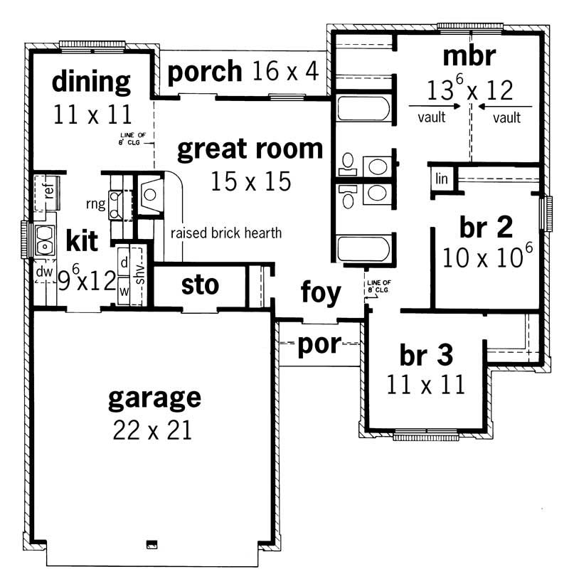 Floor Plan First Story of European Plan #164-1036