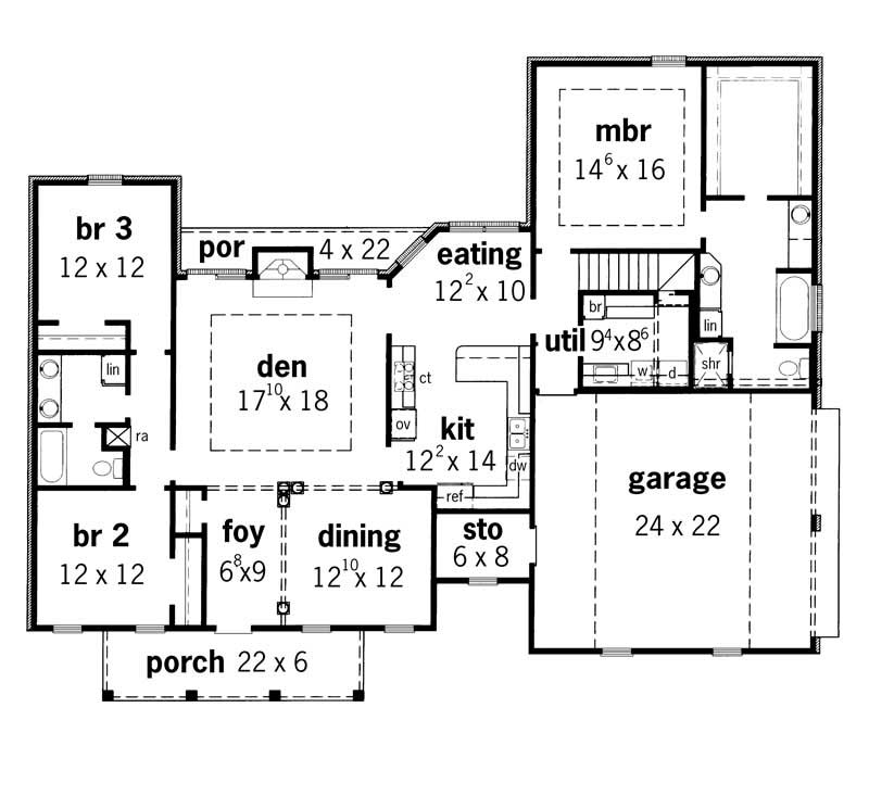 Floor Plan First Story of Country Plan #164-1052