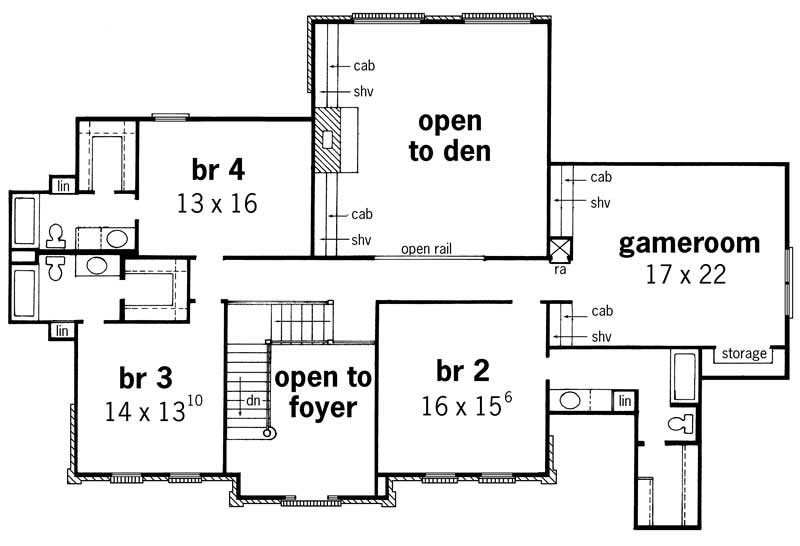 Floor Plan Second Story of European Plan #164-1055