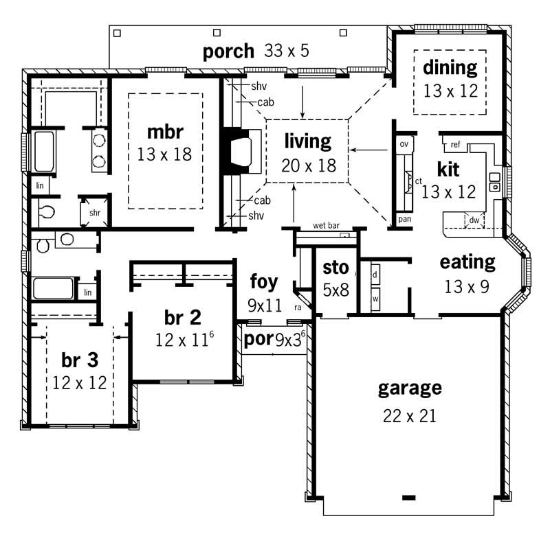Floor Plan First Story of European Plan #164-1233