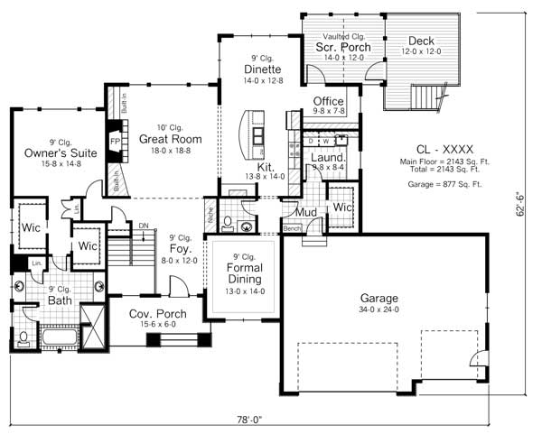 Floor Plan First Story of Country Plan #165-1011