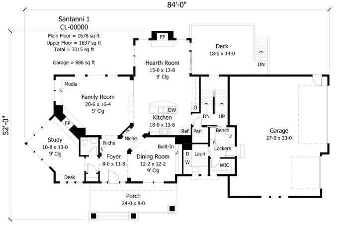 Floor Plan First Story of Craftsman Plan #165-1019