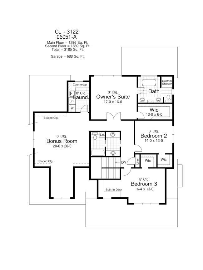 Floor Plan Second Story of Country Plan #165-1031