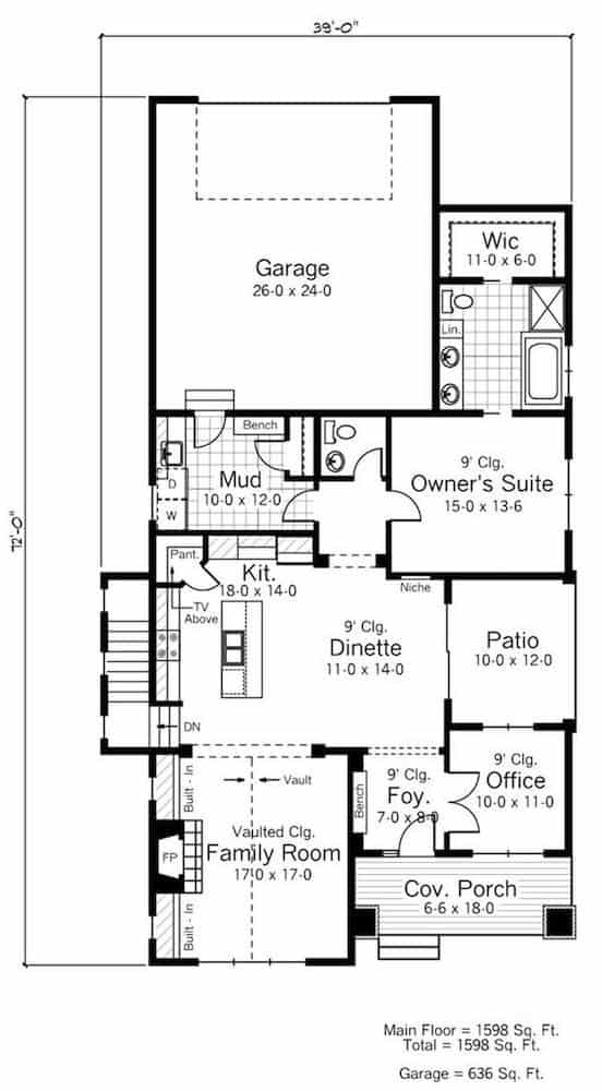 Floor Plan Main Level of Bungalow Plan #165-1085