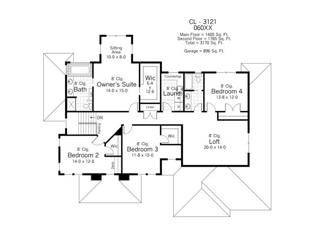 Floor Plan Second Story of European Plan #165-1132