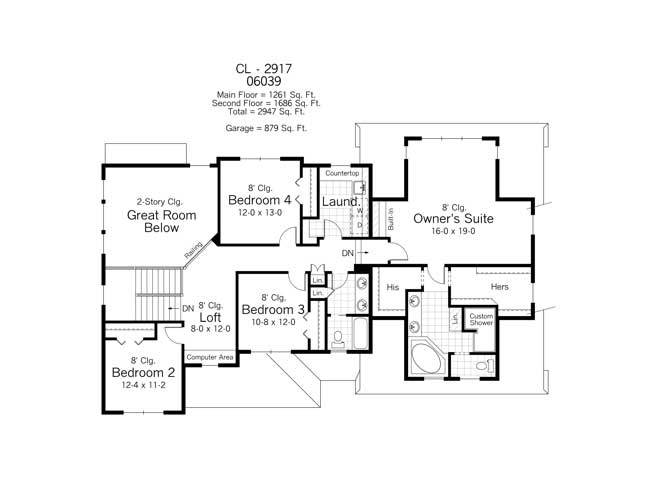 Floor Plan Second Story of Country Plan #165-1146
