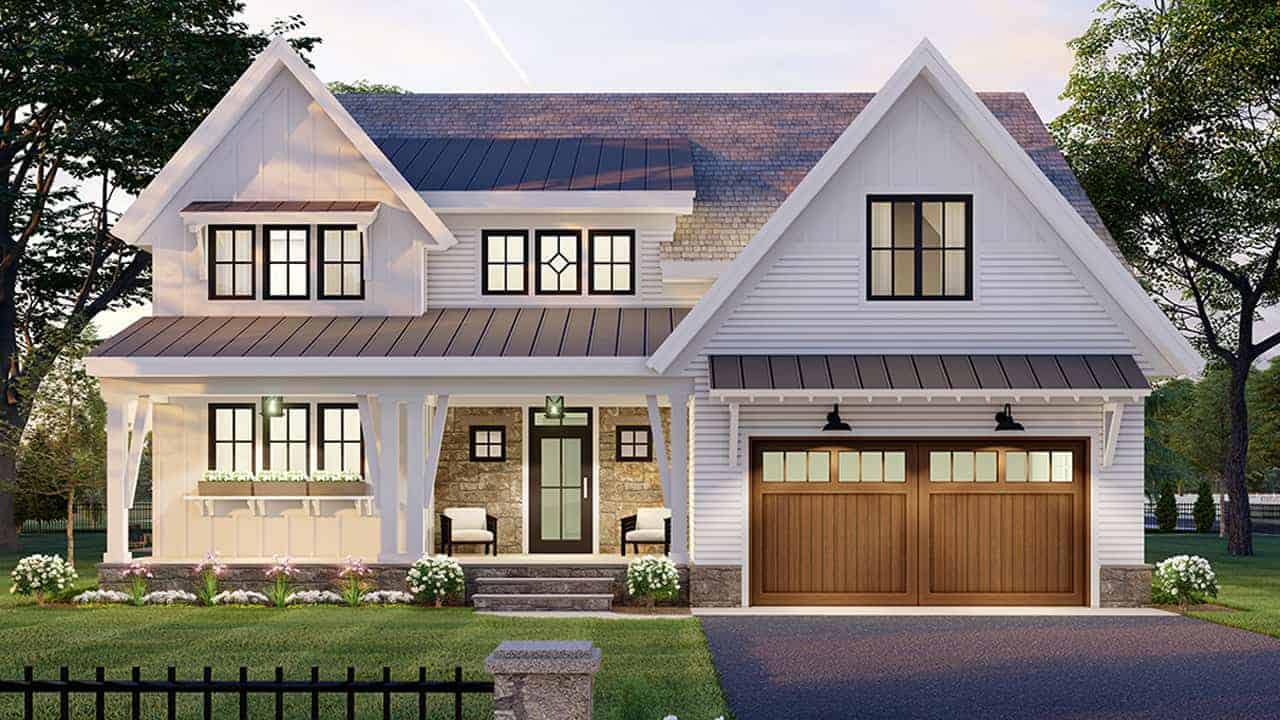 Front elevation of Modern Farmhouse home (ThePlanCollection: House Plan #165-1156)
