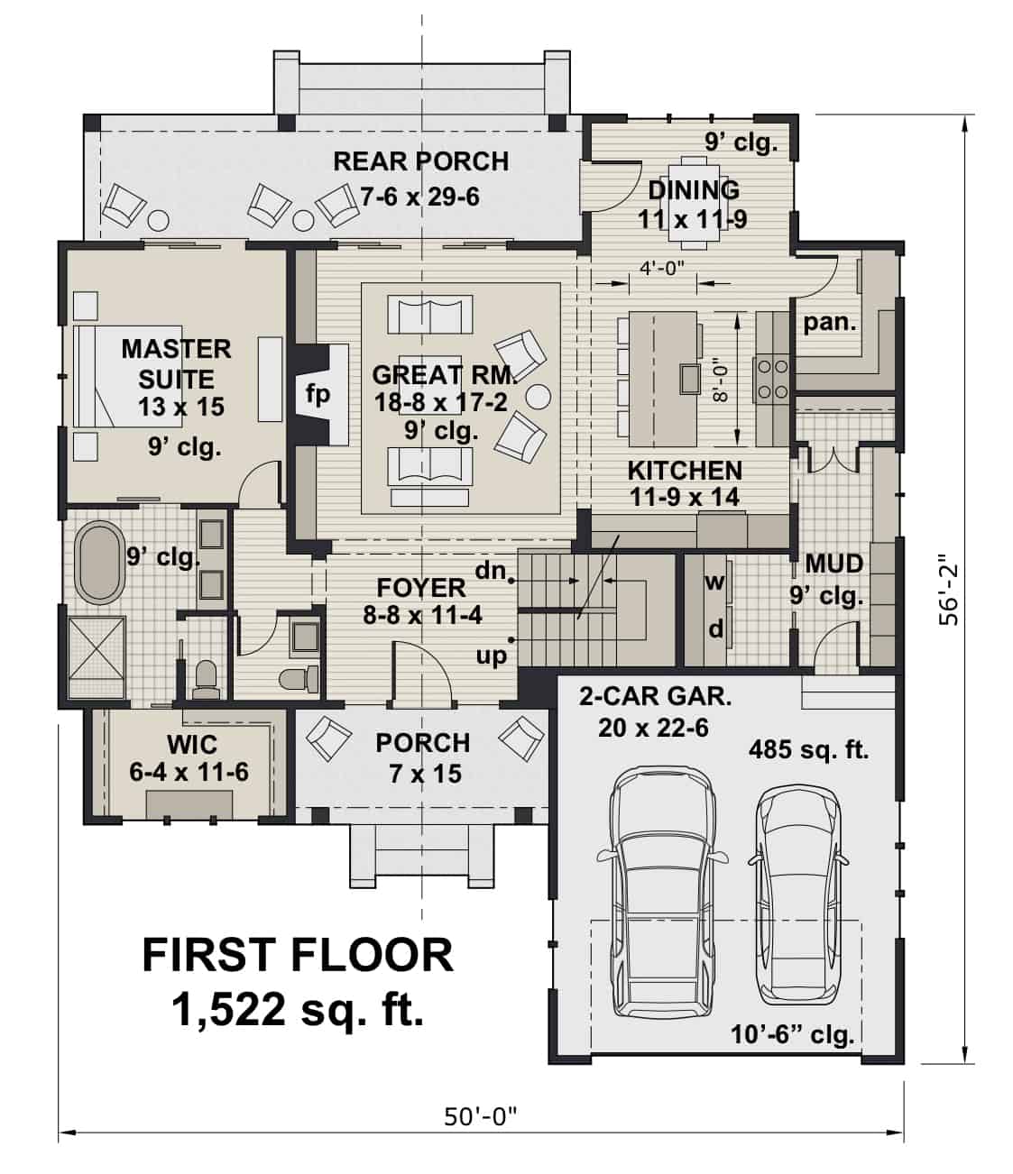 Main Level of Farmhouse Plan #165-1167