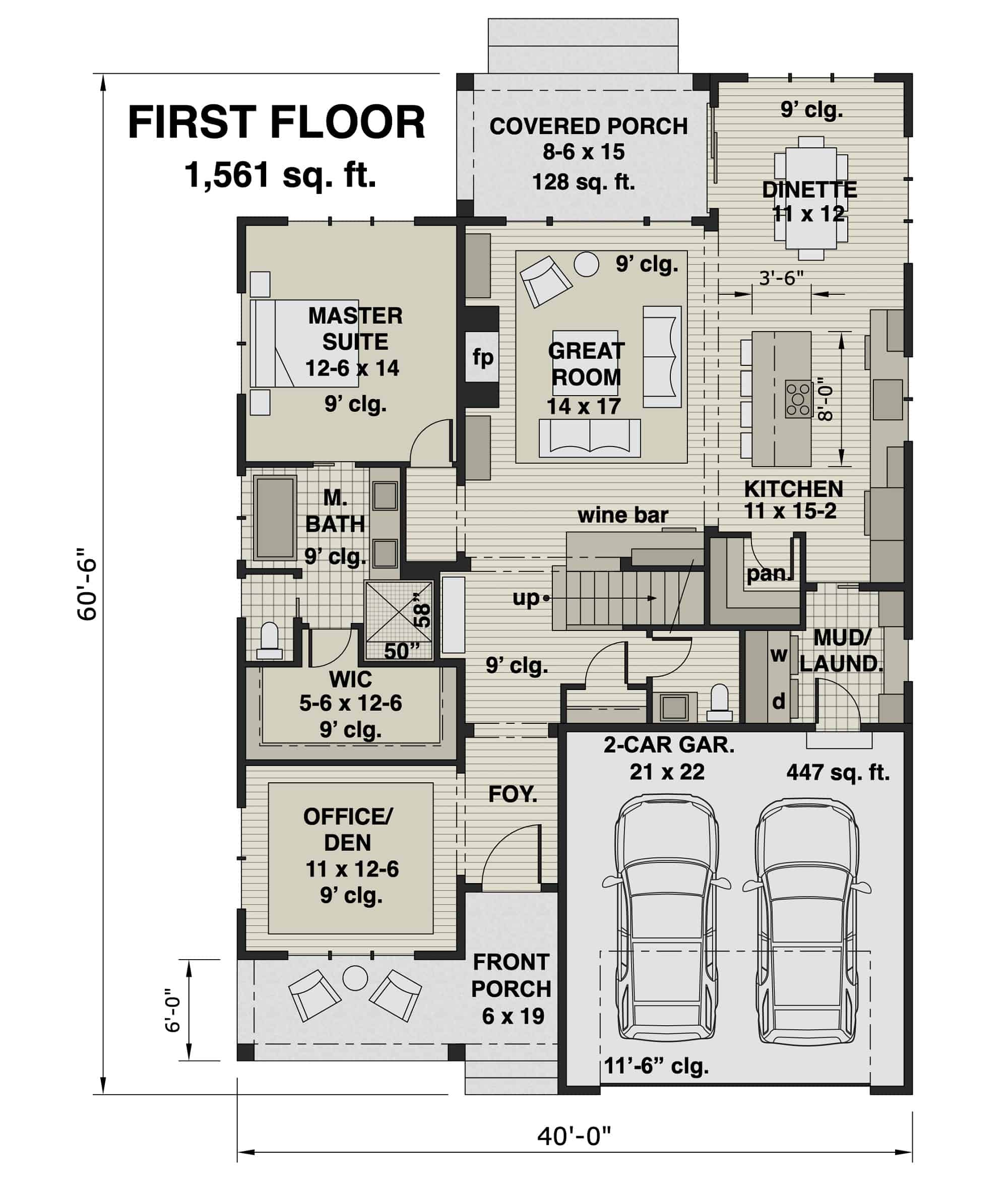 Main Level of Farmhouse Plan #165-1168