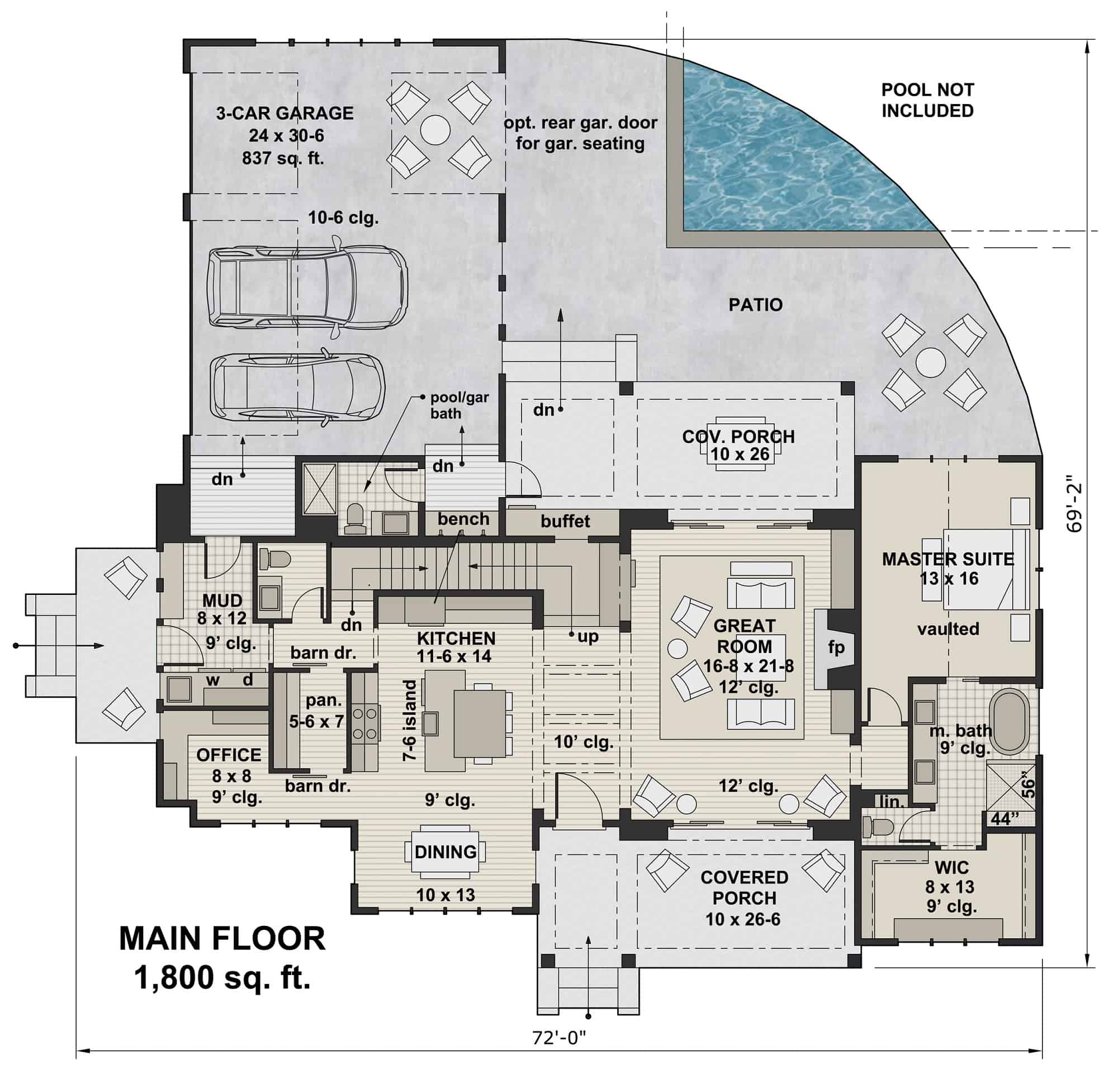 Main Level of Farmhouse Plan #165-1169