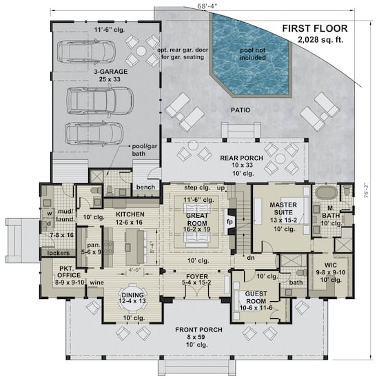 Main Level of Farmhouse Plan #165-1170