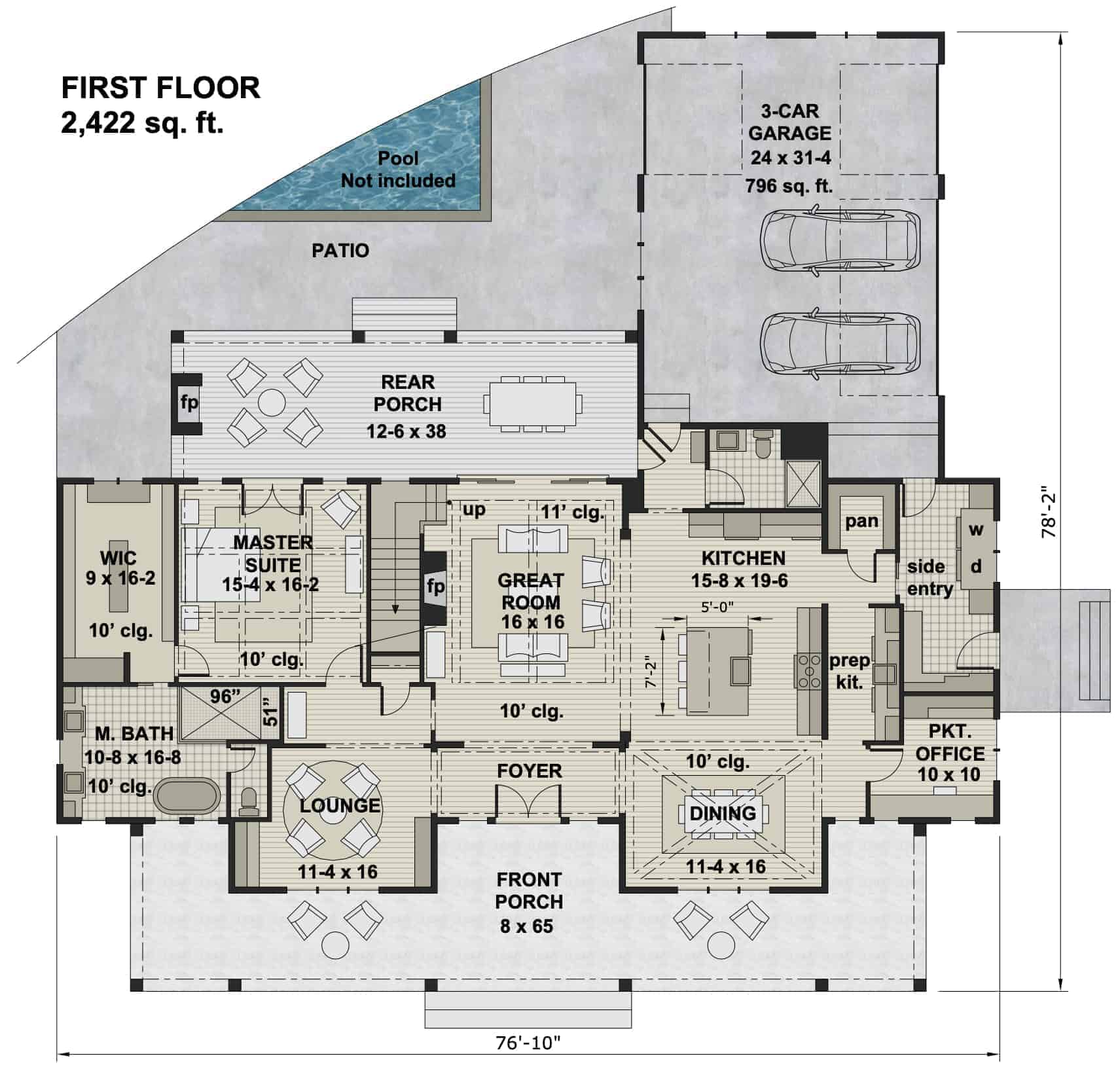 Main Level of Farmhouse Plan #165-1175