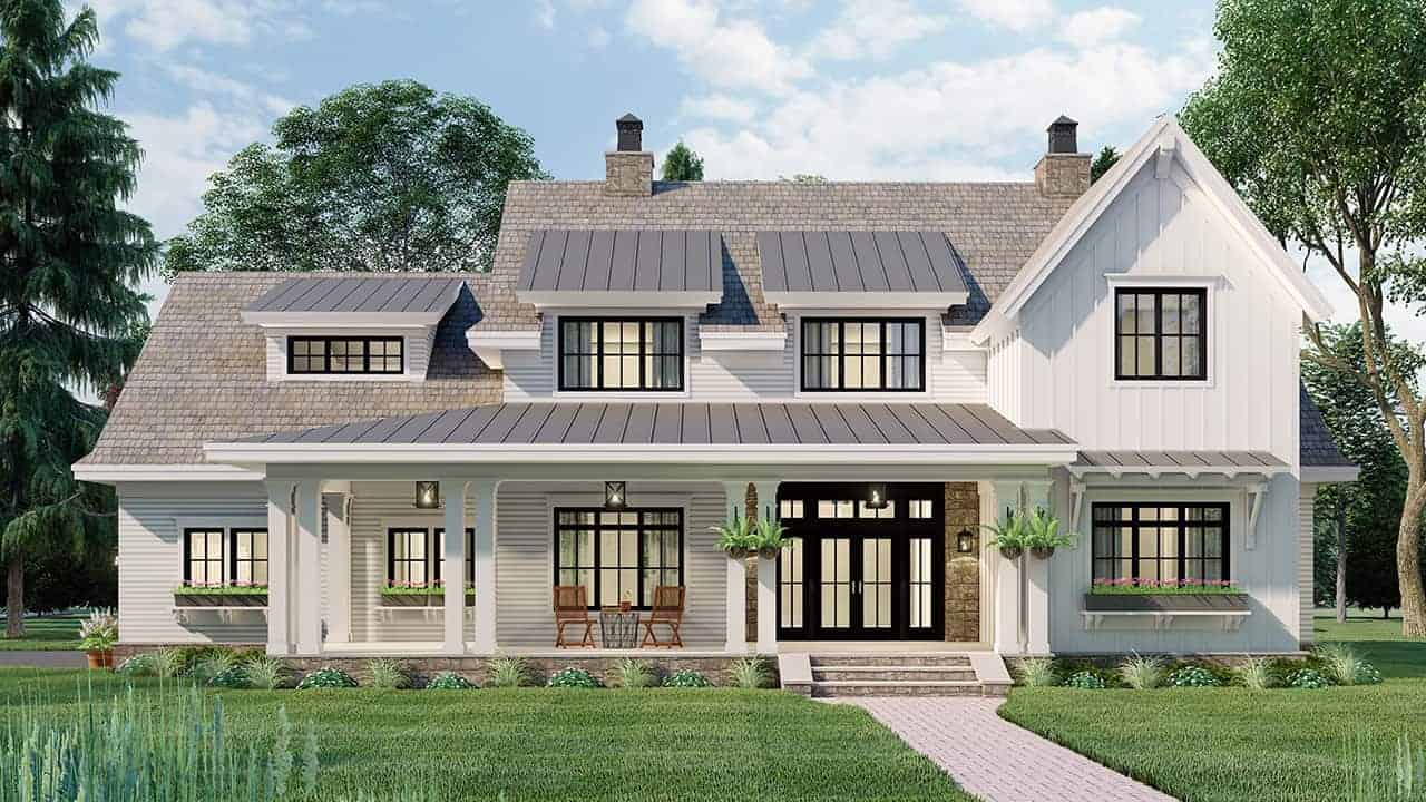 Front elevation of Modern Farmhouse home (ThePlanCollection: House Plan #165-1182)