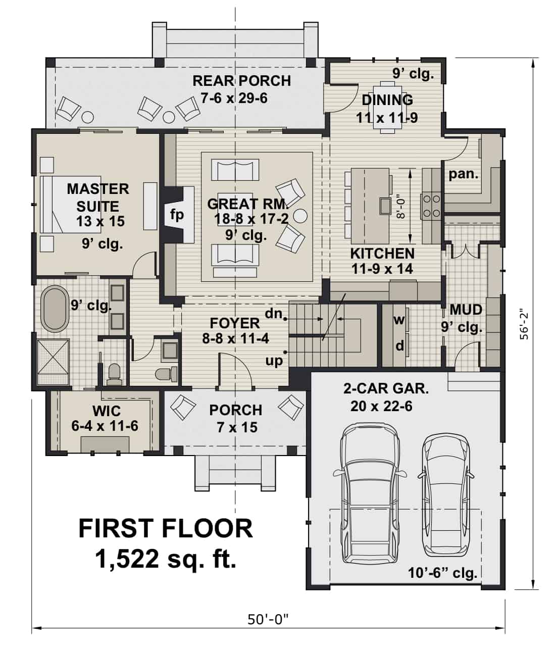 Main Level of Farmhouse Plan #165-1184