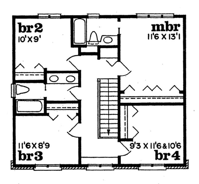 Floor Plan Second Story of Colonial Plan #167-1004