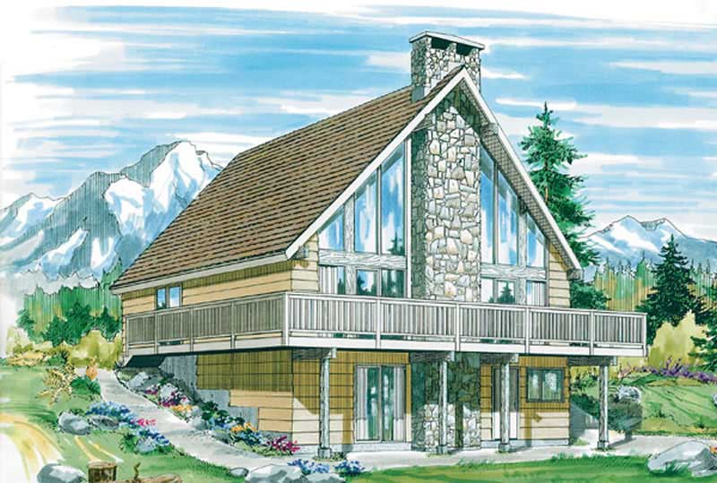 Front elevation of A Frame home (ThePlanCollection: House Plan #167-1226)