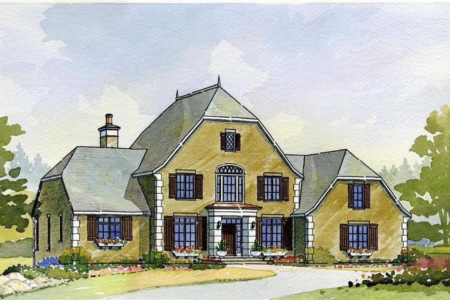 Artist's rendering of European home plan (ThePlanCollection: House Plan #168-1028)