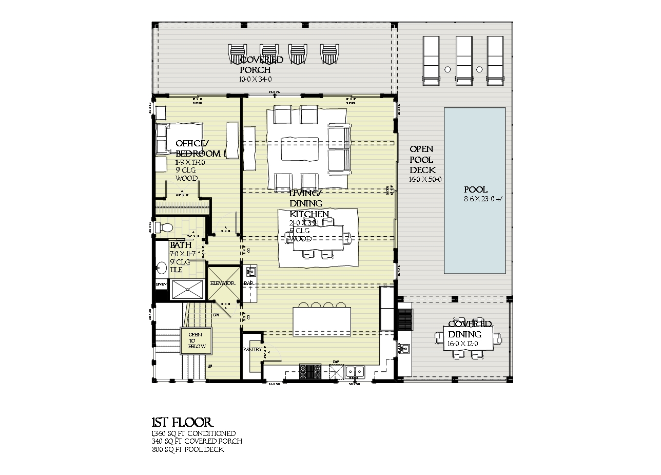 Floor Plan First Story of Beachfront Plan #168-1121