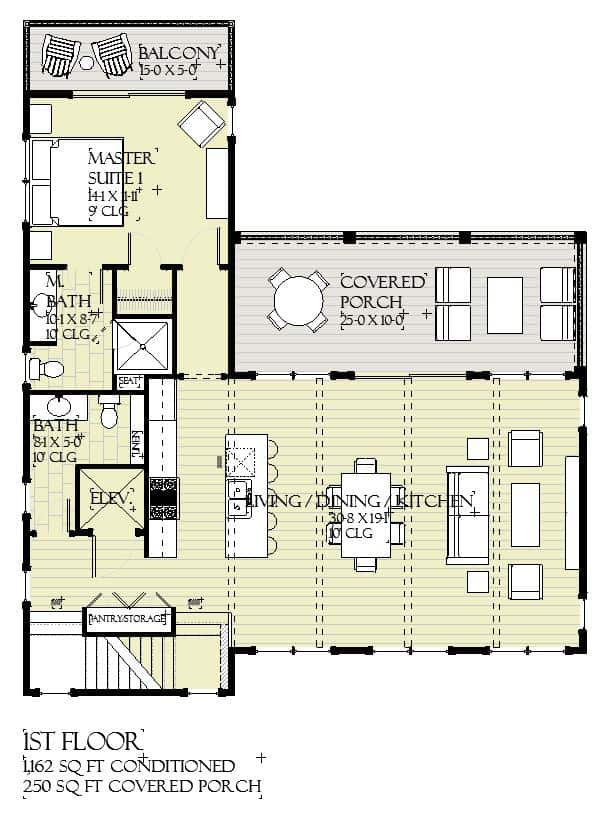 Main Level of Cottage Plan #168-1150