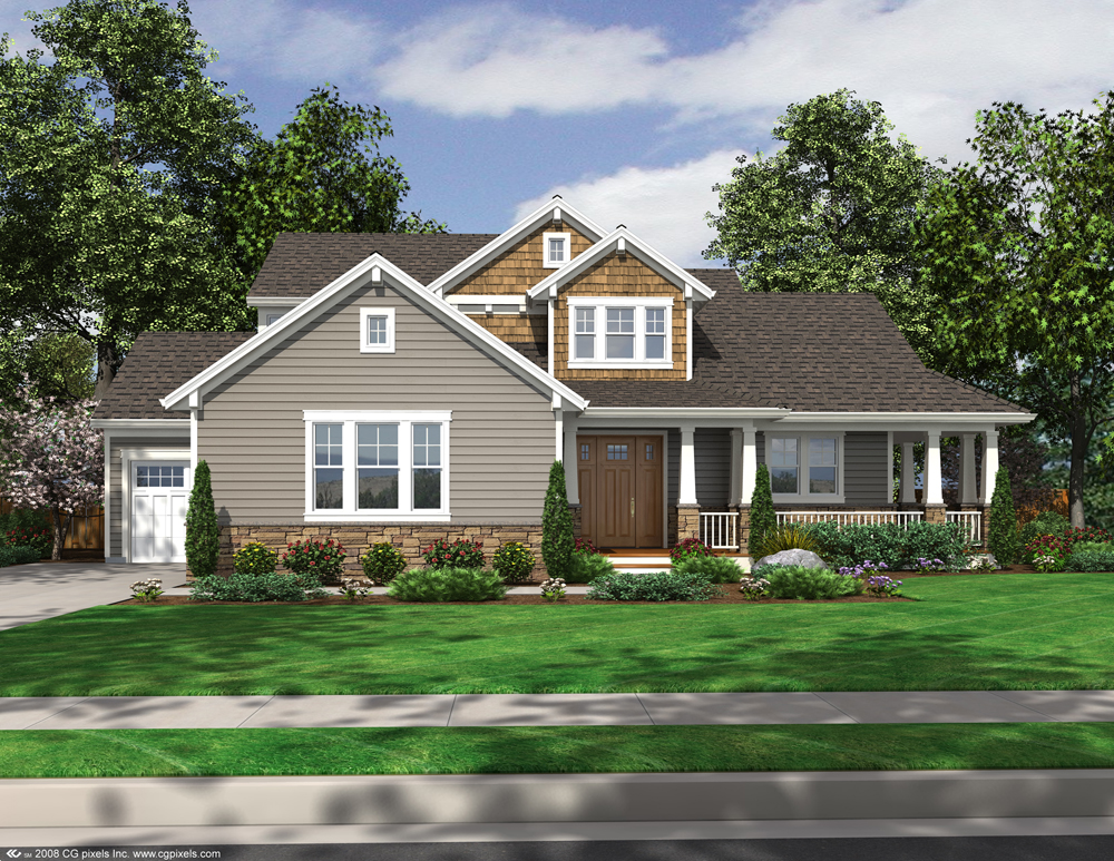 Front elevation of Craftsman home (ThePlanCollection: House Plan #169-1104)