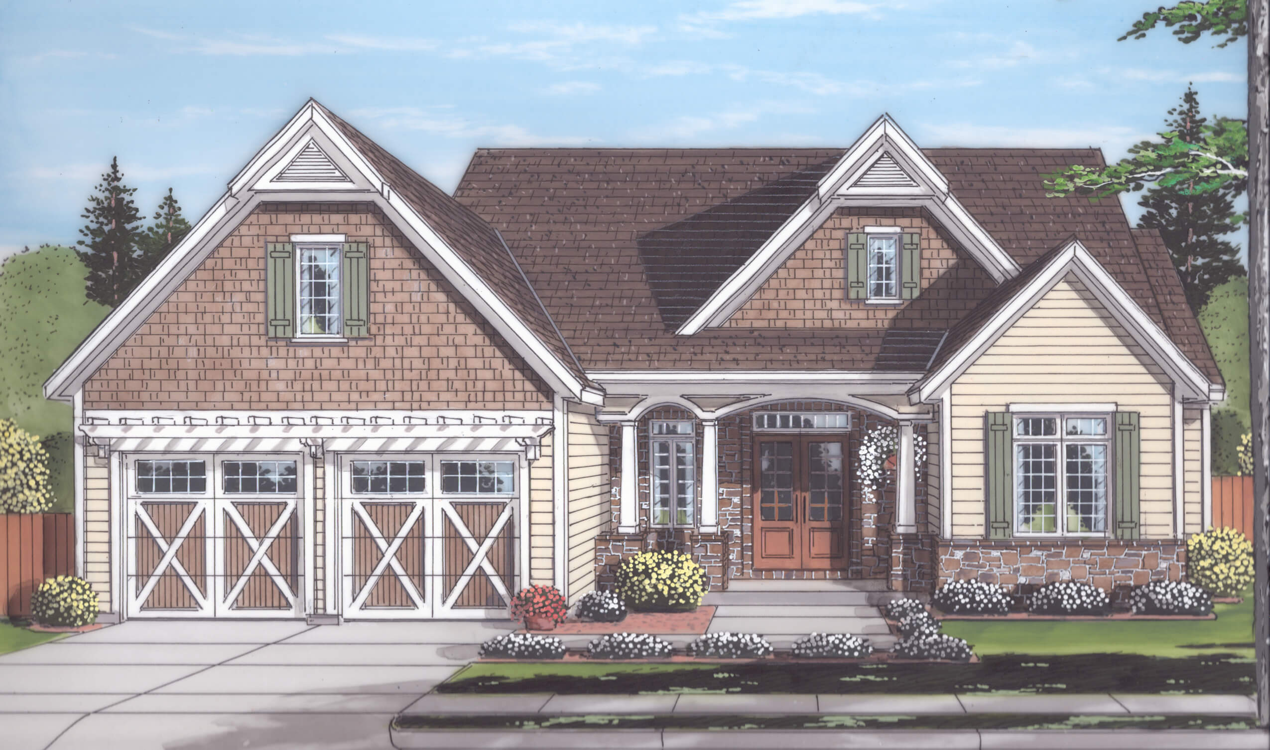 Color rendering of Country home plan (ThePlanCollection: House Plan #169-1123)