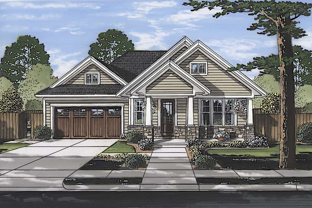 Front elevation of Craftsman home (ThePlanCollection: House Plan #169-1182)