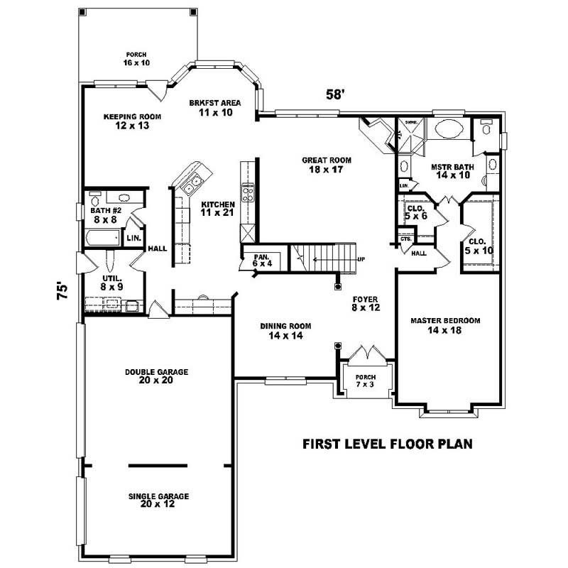 Floor Plan First Story of Southern Plan #170-1018