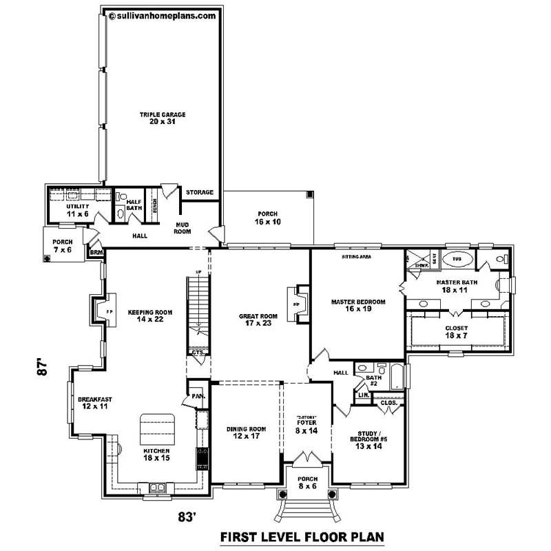 Floor Plan First Story of Southern Plan #170-1022