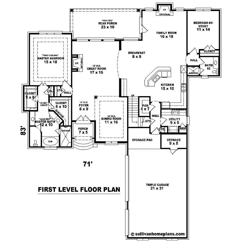 Floor Plan First Story of Southern Plan #170-1045