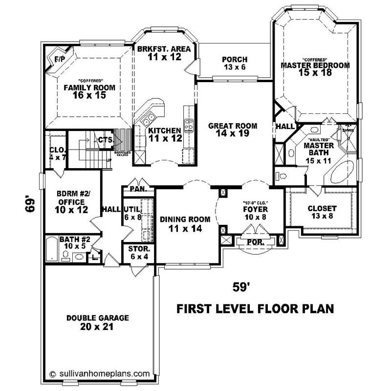 Floor Plan First Story of Southern Plan #170-1047