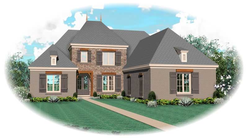 Front view of French home (ThePlanCollection: House Plan #170-3291)