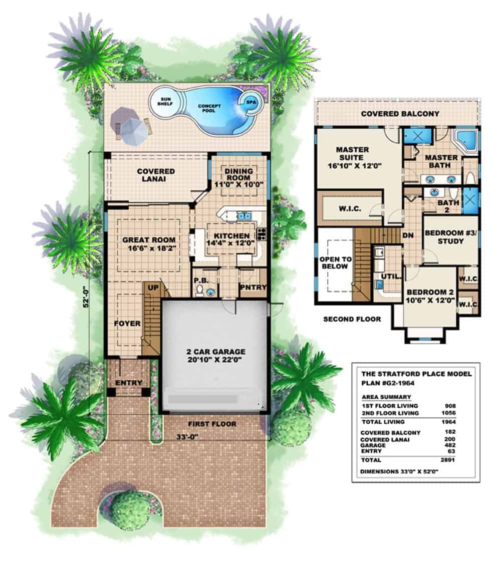 Floor Plan Main Level and Upper Level of Florida Style Plan #175-1001